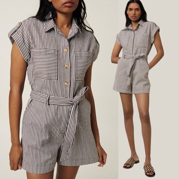 FRNCH Pants - FRNCH Melina Striped Romper - Brown & White - Size Large